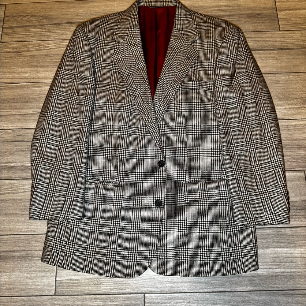 VINTAGE International Passport Gray Wool Silk Plaid Blazer 43R Double Vent